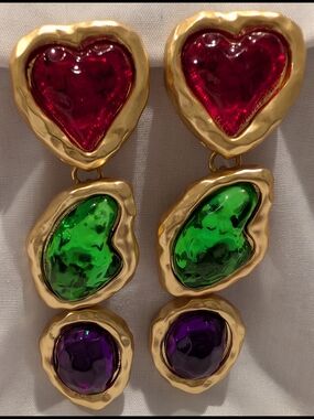 Catwalk Jon Gold-Tone Multi-Color Heart Drop Earrings - Red, Green & Purple